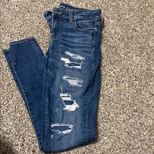 American Eagle Outfitters Women's Dark Blue Ripped Skinny Jeans